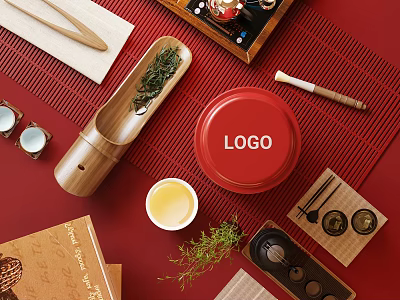 Traditional Chinese Tea Set with Red Ceramic Jar Wooden Spoon Tea Cup and Leaves 3d model