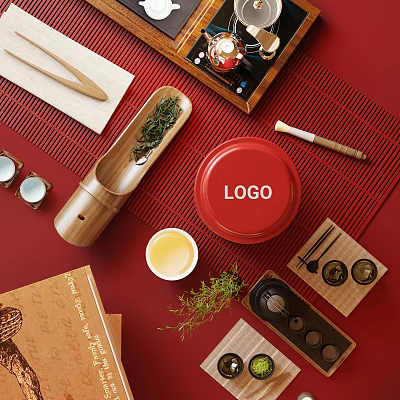 Traditional Chinese Tea Set with Red Ceramic Jar Wooden Spoon Tea Cup and Leaves 3d model