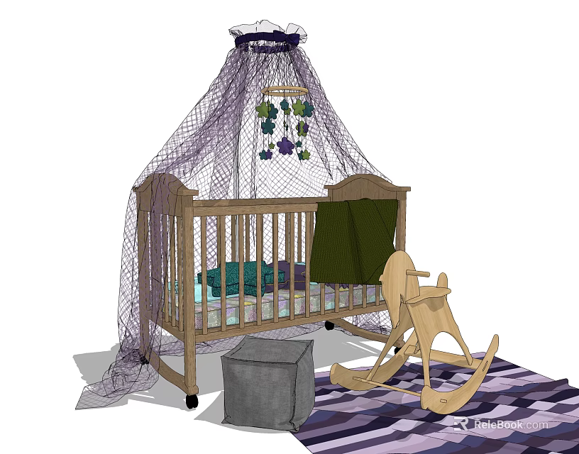 Baby Crib with Purple Canopy Wooden Rocking Horse Gray Stool and Striped Rug 3d model 