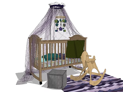 Baby Crib with Purple Canopy Wooden Rocking Horse Gray Stool and Striped Rug 3d model