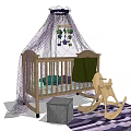 Baby Crib with Purple Canopy Wooden Rocking Horse Gray Stool and Striped Rug