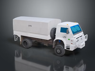 White UN Truck With Canvas Covered Cargo Bed Spare Tire And Blue Windows 3d model