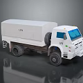 White UN Truck With Canvas Covered Cargo Bed Spare Tire And Blue Windows