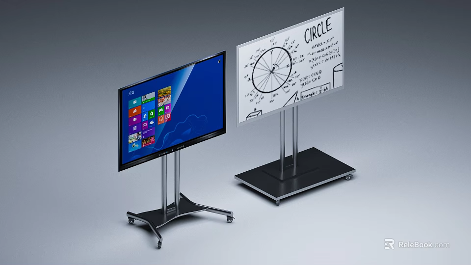 Smart TV Showing Windows Interface With App Icons On Mobile Wheel Stand Next To Whiteboard 3d model 