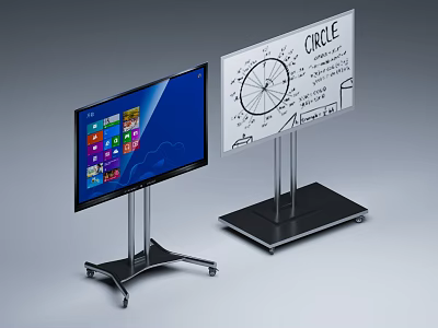 Smart TV Showing Windows Interface With App Icons On Mobile Wheel Stand Next To Whiteboard 3d model