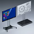 Smart TV Showing Windows Interface With App Icons On Mobile Wheel Stand Next To Whiteboard