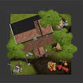 Red House With Red Roof White Windows Green Trees Windmill Tractor And Pumpkins