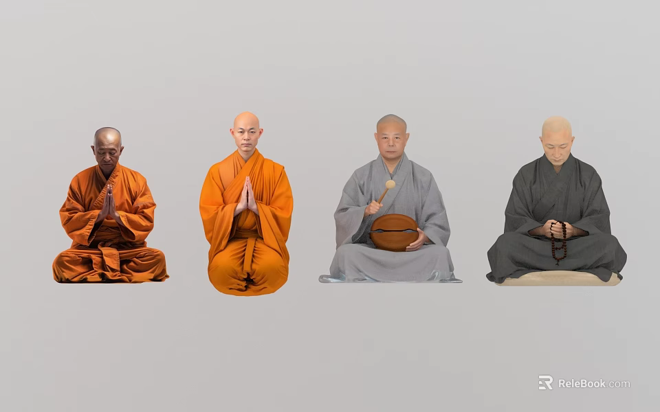 Four Monks Sitting in Meditation With Colored Robes and Prayer Hands 3d model 