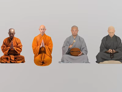 Four Monks Sitting in Meditation With Colored Robes and Prayer Hands 3d model