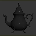 Silver Carved Teapot With Lid Curved Spout And Three Feet On Smooth Dark Surface