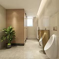 Modern Public Restroom With Wooden Doors Mirrors Sink Counter And Flower Decoration