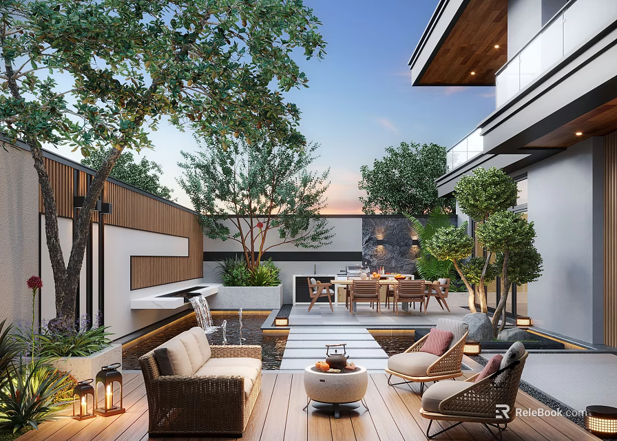 Modern Outdoor Garden With Wooden Deck Rattan Sofa Dining Set Water Feature And Green Trees 3d model 
