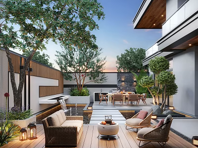 Modern Outdoor Garden With Wooden Deck Rattan Sofa Dining Set Water Feature And Green Trees 3d model