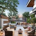 Modern Outdoor Garden With Wooden Deck Rattan Sofa Dining Set Water Feature And Green Trees