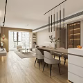 Modern Open Concept Living Dining Room Interior Design With Sofa Dining Table And Pendant Lights 3d model