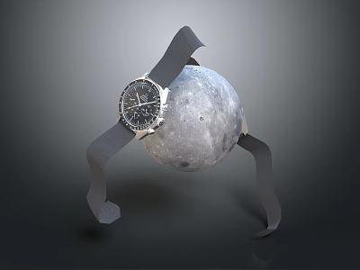 Luxury Watch With Gray Strap And Black Dial On Moon Model Dark Background 3d model