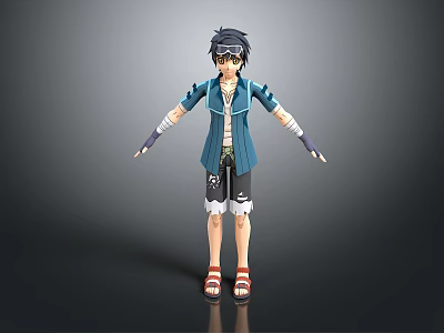 Game Anime Character 3D Render Model With Blue Jacket Shorts Fingerless Gloves And Goggles 3d model