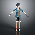 Game Anime Character 3D Render Model With Blue Jacket Shorts Fingerless Gloves And Goggles