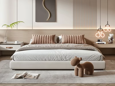 Modern Bedroom Interior Featuring Double Bed Brown Pillows And Hanging Lights 3d model
