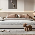 Modern Bedroom Interior Featuring Double Bed Brown Pillows And Hanging Lights