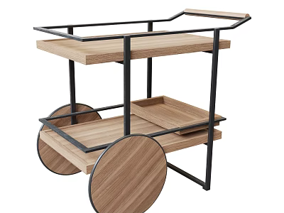 Multi Tiered Commercial Equipment With Wooden Shelves And Metal Frame Wheels 3d model