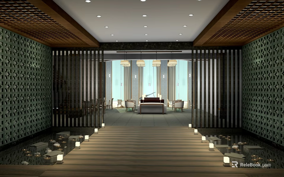 Elegant Hotel Corridor Interior With Warm Lighting Decorative Wall Panels And Polished Wooden Floors 3d model 