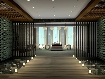 Elegant Hotel Corridor Interior With Warm Lighting Decorative Wall Panels And Polished Wooden Floors 3d model