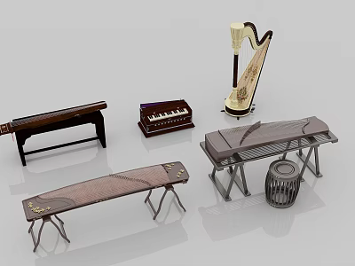 Collection of Musical Instruments and Art Supplies Featuring Harp Keyboard Zither and Drum 3d model