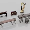 Collection of Musical Instruments and Art Supplies Featuring Harp Keyboard Zither and Drum