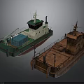 Modern Green Red Watercraft With Cabins Blue Containers And Rusted Brown Deck Vintage Vessel