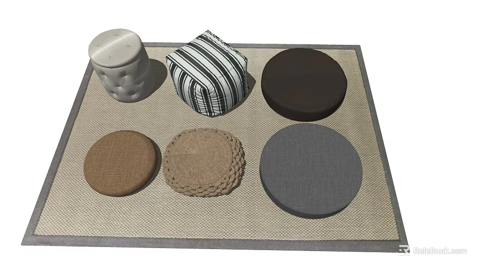 Various Ottoman Poufs in Different Colors and Textures on a Neutral Mat 3d model 