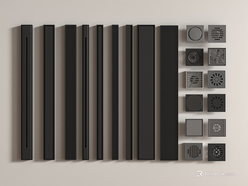 Black Bathroom Accessories Including Long Strips Square And Round Drain Covers 3d model 