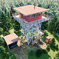 Rustic Wooden Tower Lodge Building Surrounded by Green Trees and Pathway Under Blue Sky