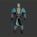 Low Poly Game Movie Warrior Character With Blue Armor Red Accents And Sword