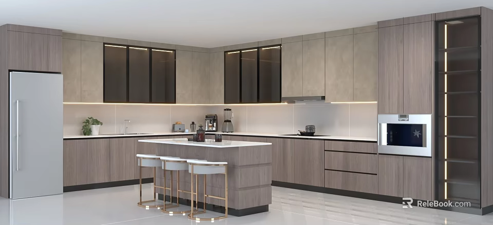Modern Kitchen Interior With Gray Cabinets Island Counter And Bar Stools 3d model