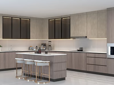 Modern Kitchen Interior With Gray Cabinets Island Counter And Bar Stools 3d model