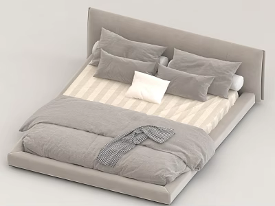 Modern Double Bed With Grey Upholstered Headboard Pillows Striped Sheet And Blanket 3d model