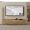 Light Oak TV Stand with Camera Black Decor Under Wall Mounted TV Green Plant