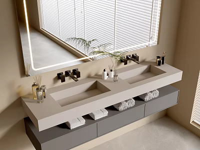 Modern Bathroom Vanity With Double Sinks Backlit Mirror And Gray Cabinet 3d model