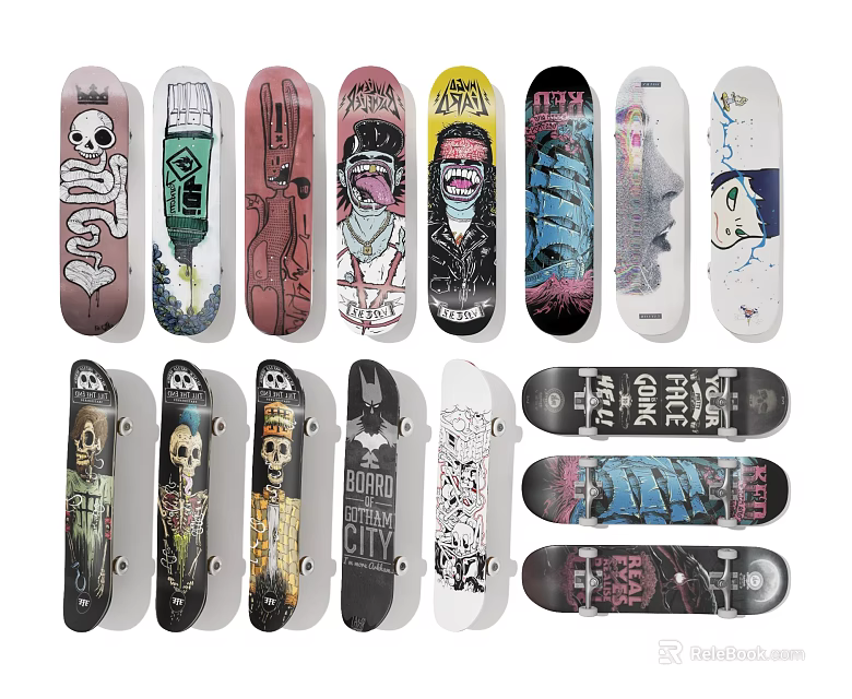 Skateboards With Various Decorative Graphics And Colorful Sporty Designs 3d model 