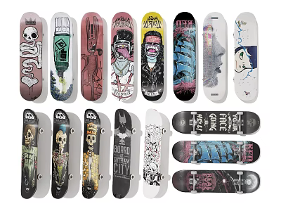 Skateboards With Various Decorative Graphics And Colorful Sporty Designs 3d model