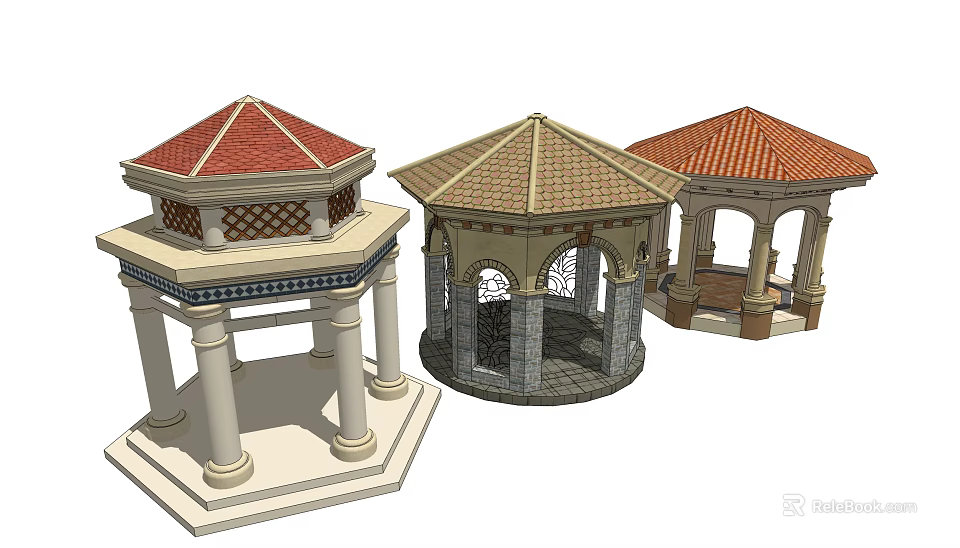 Decorative Garden Gazebos With Red Brown Tile Roofs And Stone Columns 3d model