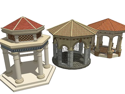 Decorative Garden Gazebos With Red Brown Tile Roofs And Stone Columns 3d model