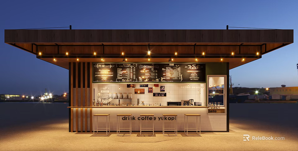 Modern Coffee Shop Exterior With Bar Counter High Stools Menu Board And Beverages 3d model 