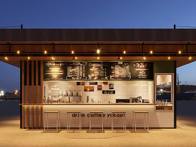Modern Coffee Shop Exterior With Bar Counter High Stools Menu Board And Beverages 3d model
