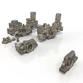 Stone Material Broken Vehicle Parts in 3D Model with Mechanical Details and Realistic Design