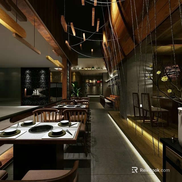 Stylish Restaurant Interior With Wooden Tables Hanging Lights And Cozy Dining Setup 3d model 