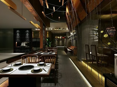 Stylish Restaurant Interior With Wooden Tables Hanging Lights And Cozy Dining Setup 3d model