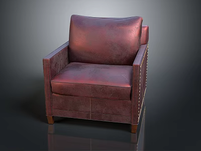 Classic Burgundy Leather Single Sofa with Riveted Armrests and Wooden Legs 3d model