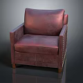 Classic Burgundy Leather Single Sofa with Riveted Armrests and Wooden Legs